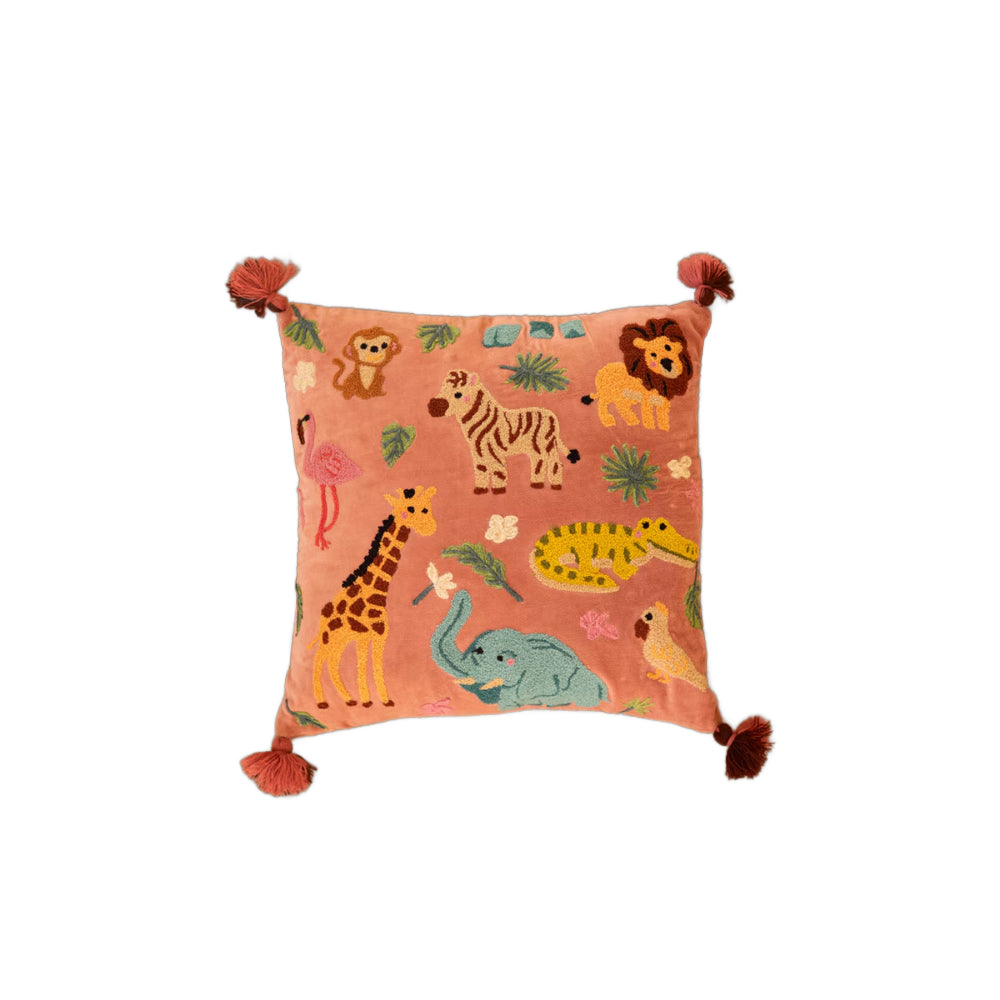 Kalalou Embroidered Velvet Pillow with Animals