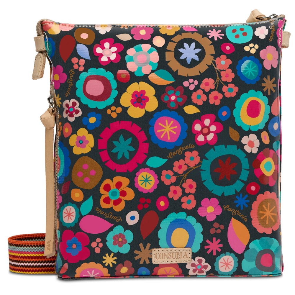 Colorful floral-patterned bag with a strap on a white background