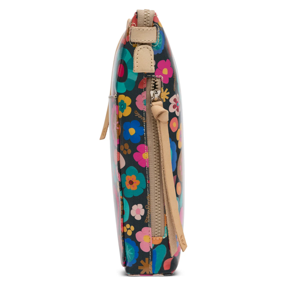Floral-patterned pouch with a beige zipper on a white background