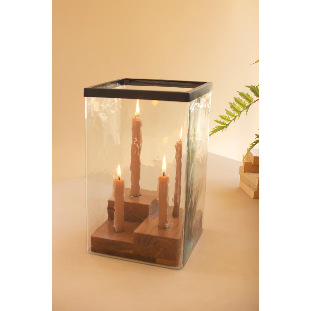 Kalalou Large Glass Hurricane with a Four Taper Holder Wood Base