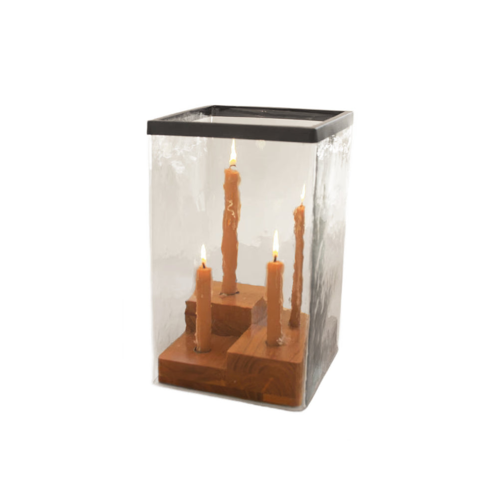 Kalalou Large Glass Hurricane with a Four Taper Holder Wood Base