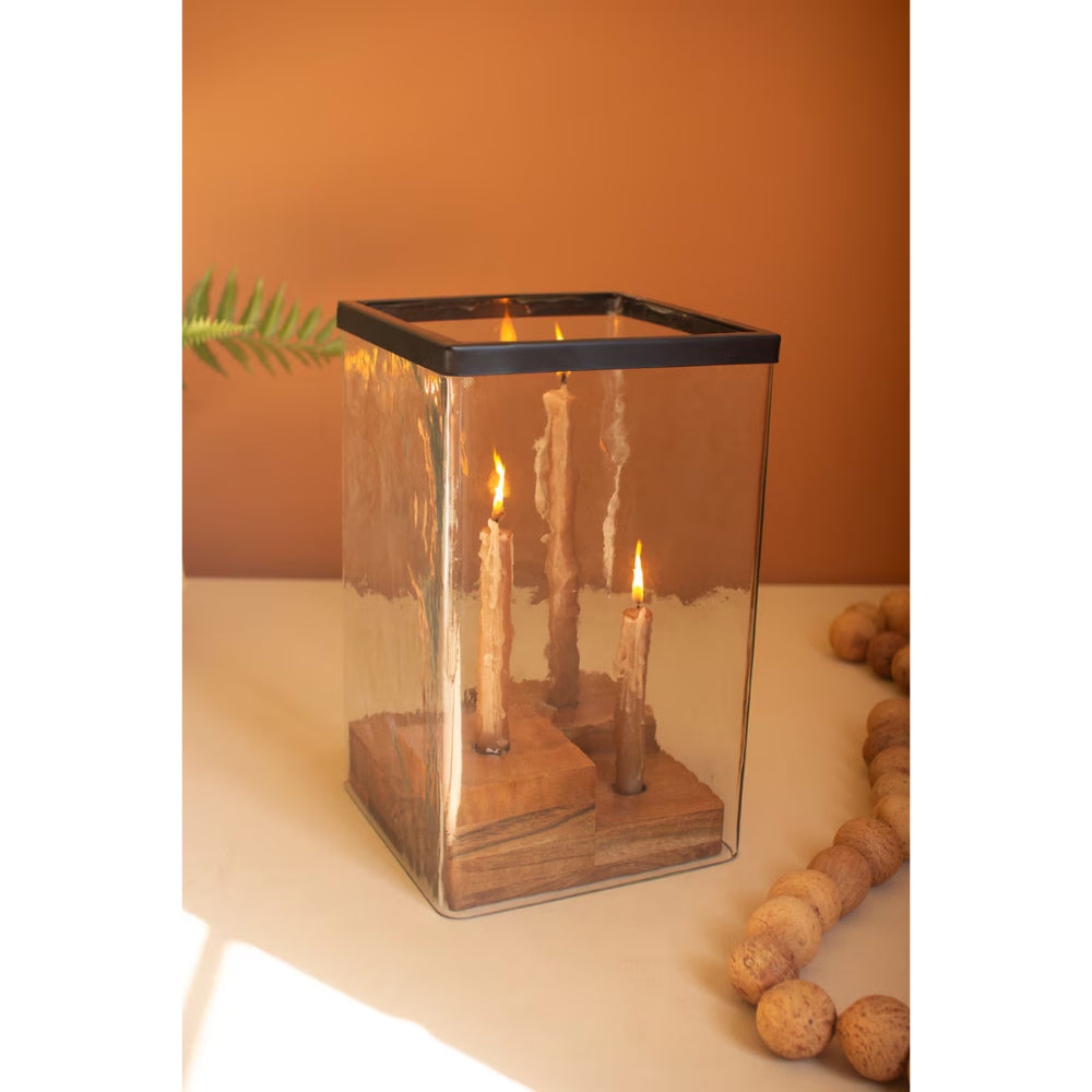 Kalalou Large Glass Hurricane with a Four Taper Holder Wood Base