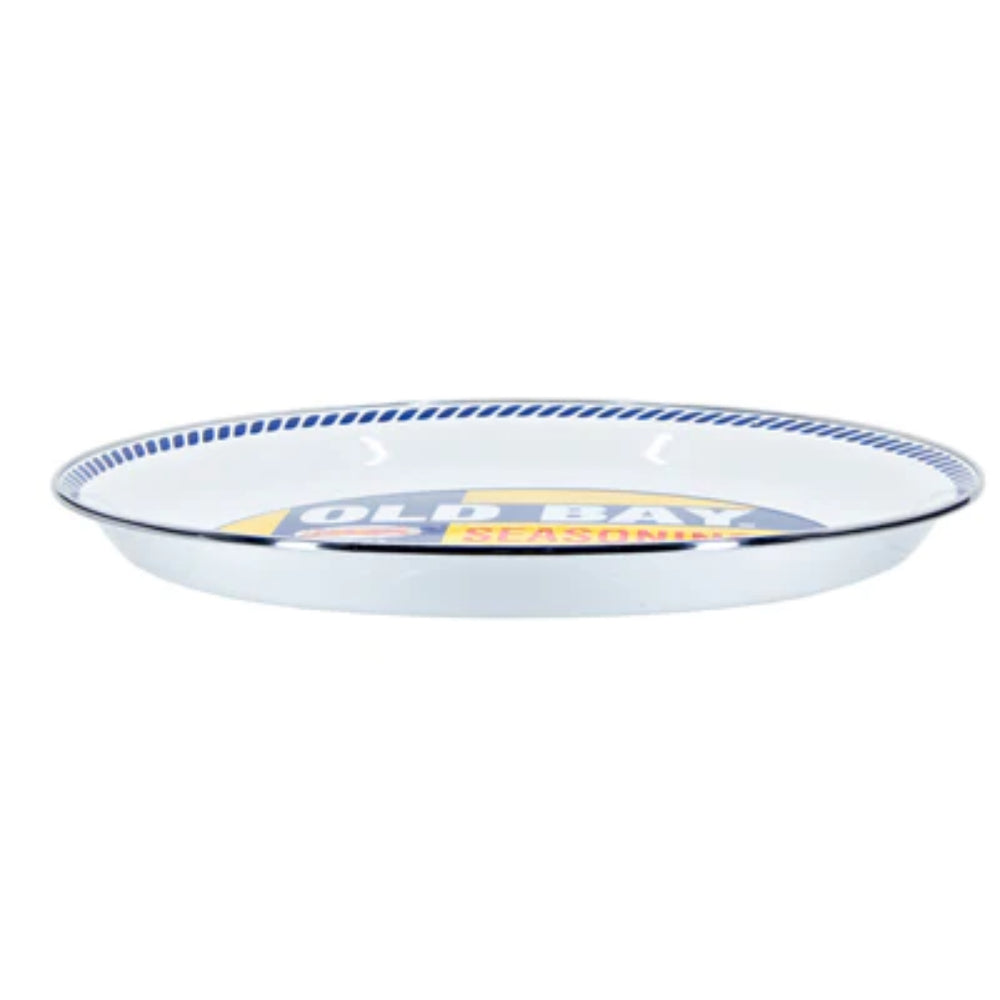 A side photo of a large white and blue tray with Old Bay Seasoning logo in the center on a white background.