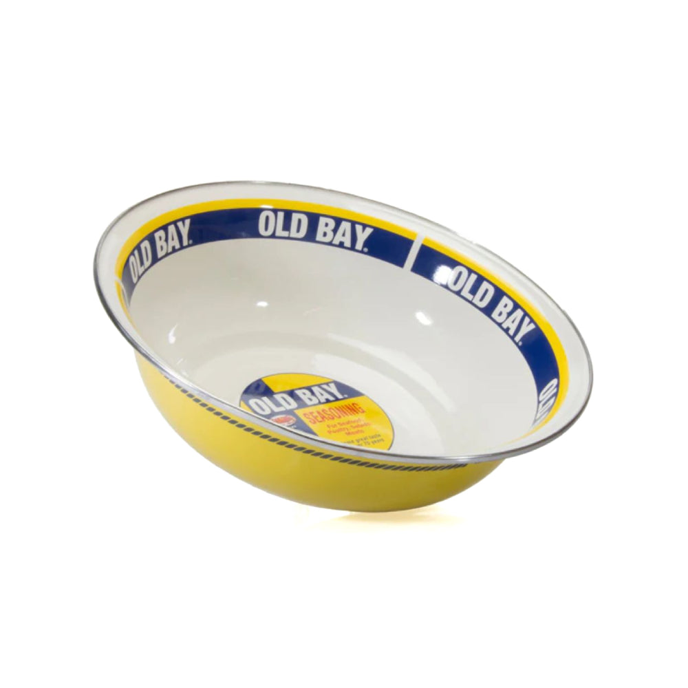 An angled side photo of a 4 qt yellow,white & blue bowl with Old Bay seasoning label on a white background 