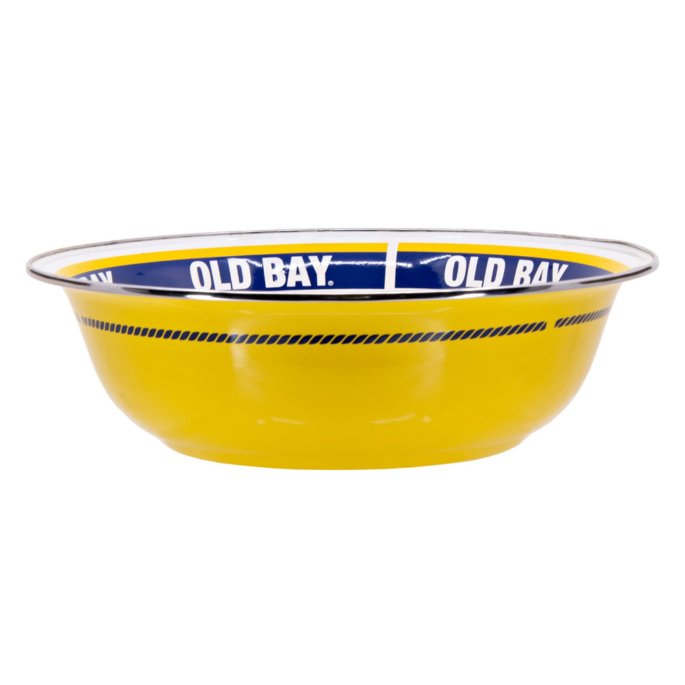 A side photo of a 4 qt yellow,white & blue bowl with Old Bay seasoning label on a white background