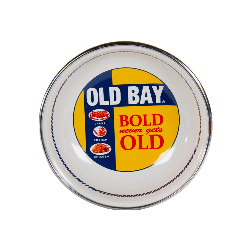 Old bay branded small dish on a white background
