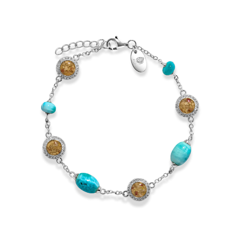 Silver bracelet with turquoise and amber beads on a white background