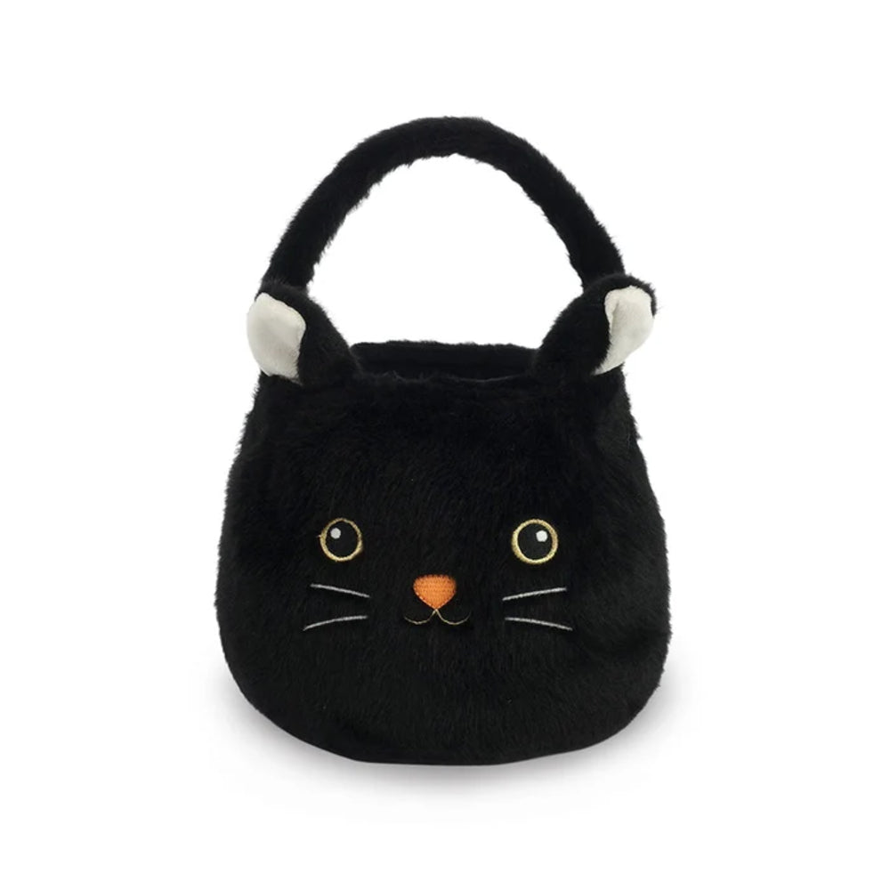 A black plush cat-shaped handbag with a top handle, featuring embroidered white ear tips, eyes, whiskers, and a small orange nose on a plain white background.