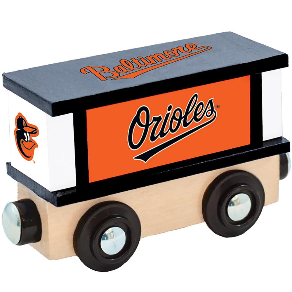 Wooden toy train car with Baltimore Orioles logo on a white background