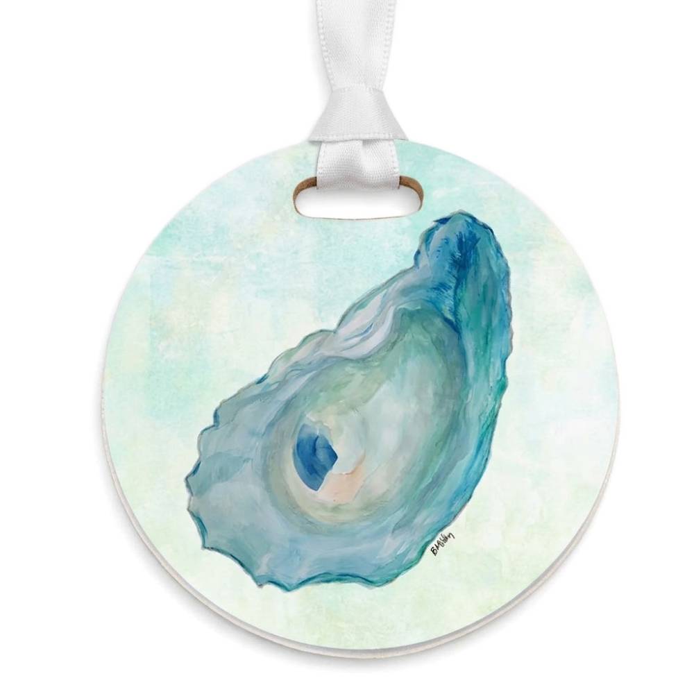 Round hanging ornament featuring a watercolor-style illustration of an oyster shell in shades of blue and teal on a pale mint background, with a white ribbon loop at the top.