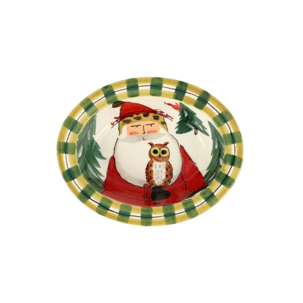 Vietri Old St. Nick Small Rimmed Oval Bowl With Owl