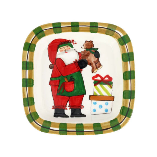 Vietri Old St. Nick Small Rimmed Square Platter with Teddy Bear