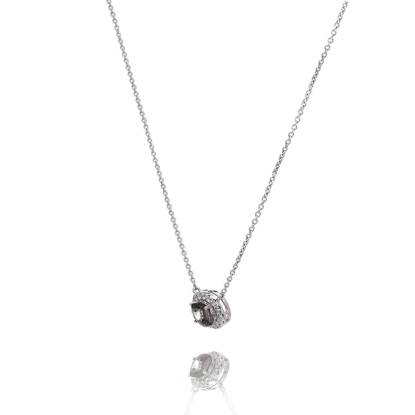 14k White Gold Oval Alexandrite and Round Diamond Halo Pendant Necklace