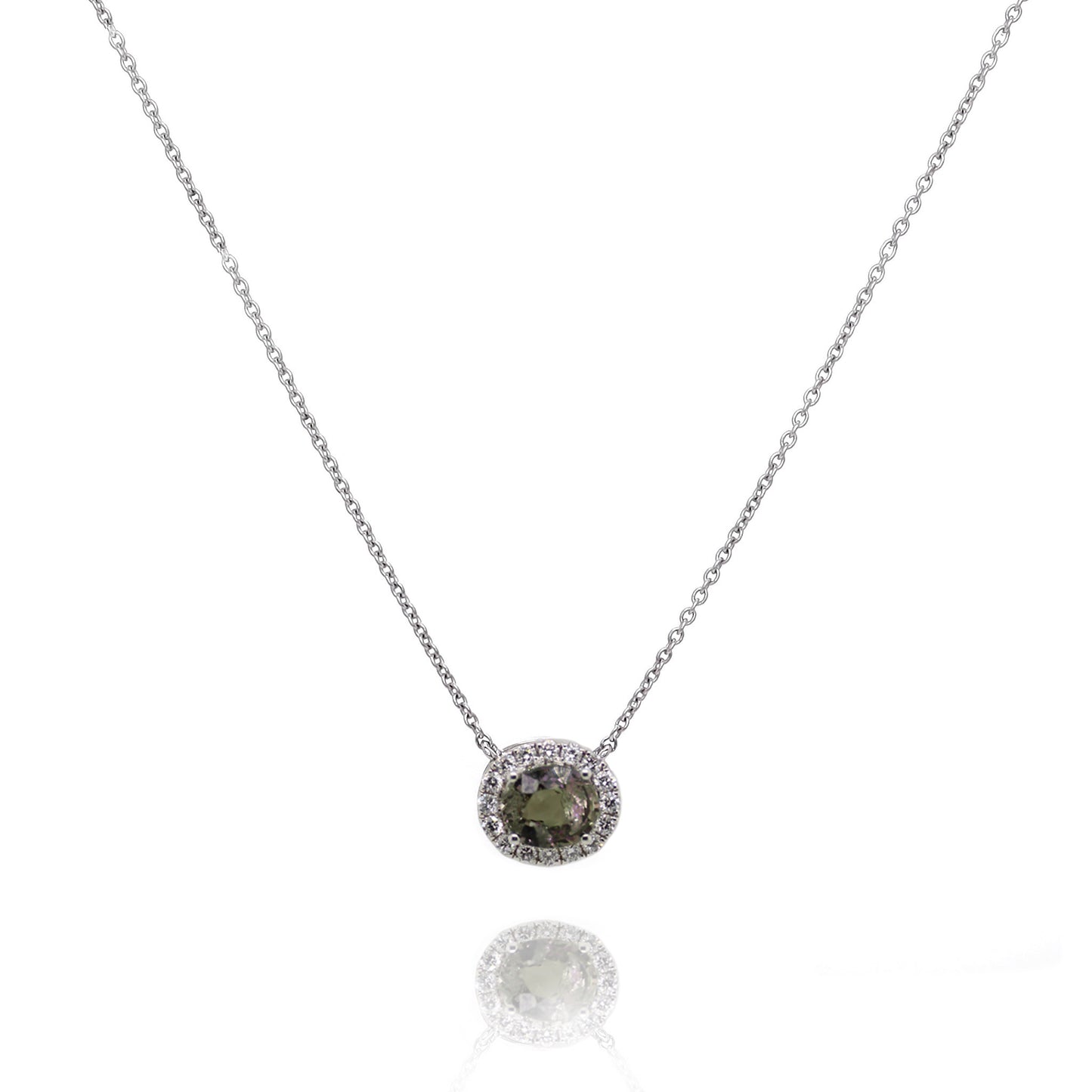 14k White Gold Oval Alexandrite and Round Diamond Halo Pendant Necklace