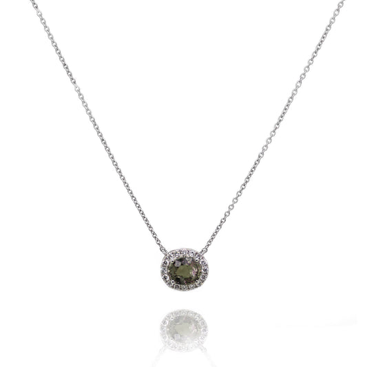14k White Gold Oval Alexandrite and Round Diamond Halo Pendant Necklace