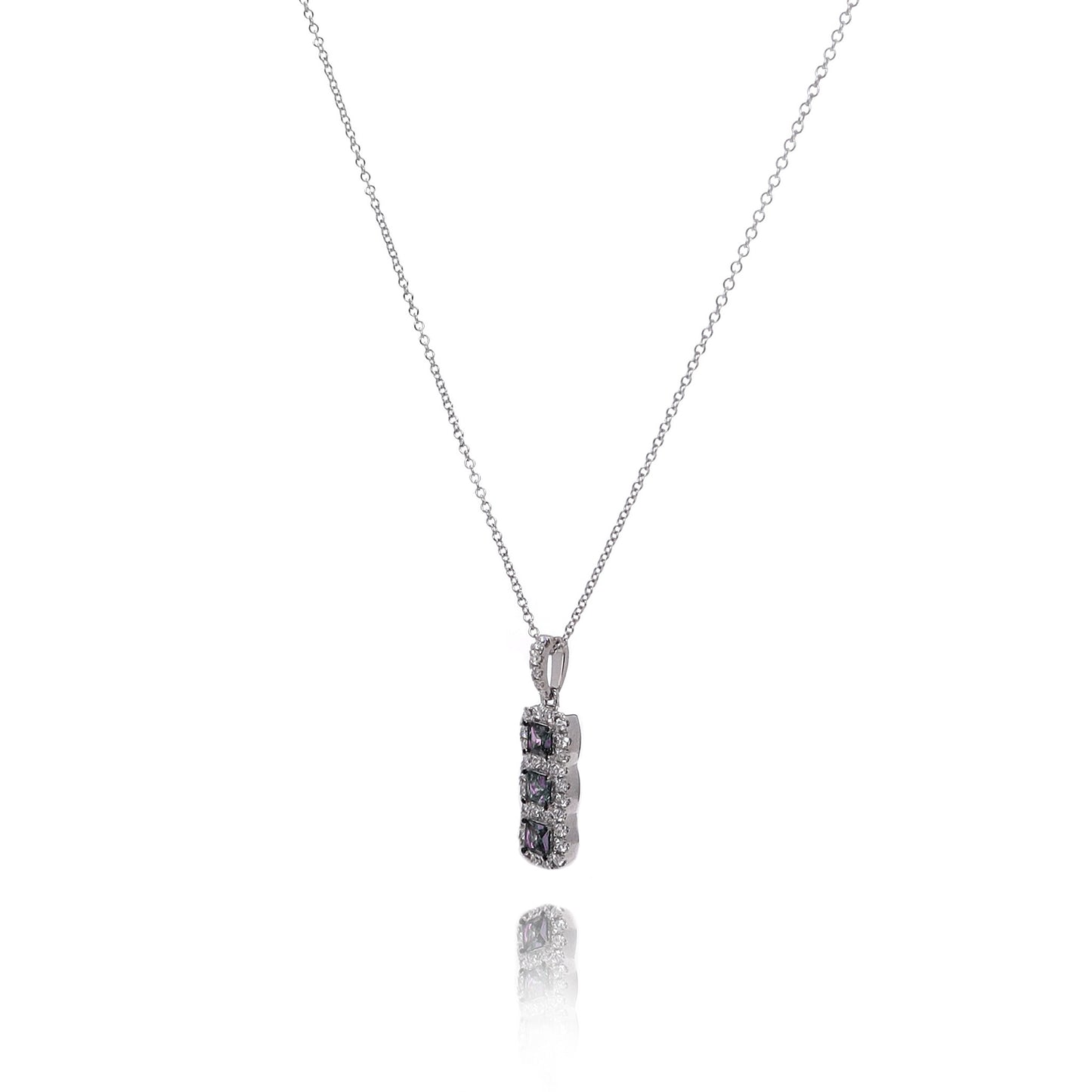 14k White Gold Princess Cut Alexandrite and Round Diamond Halo Pendant Necklace