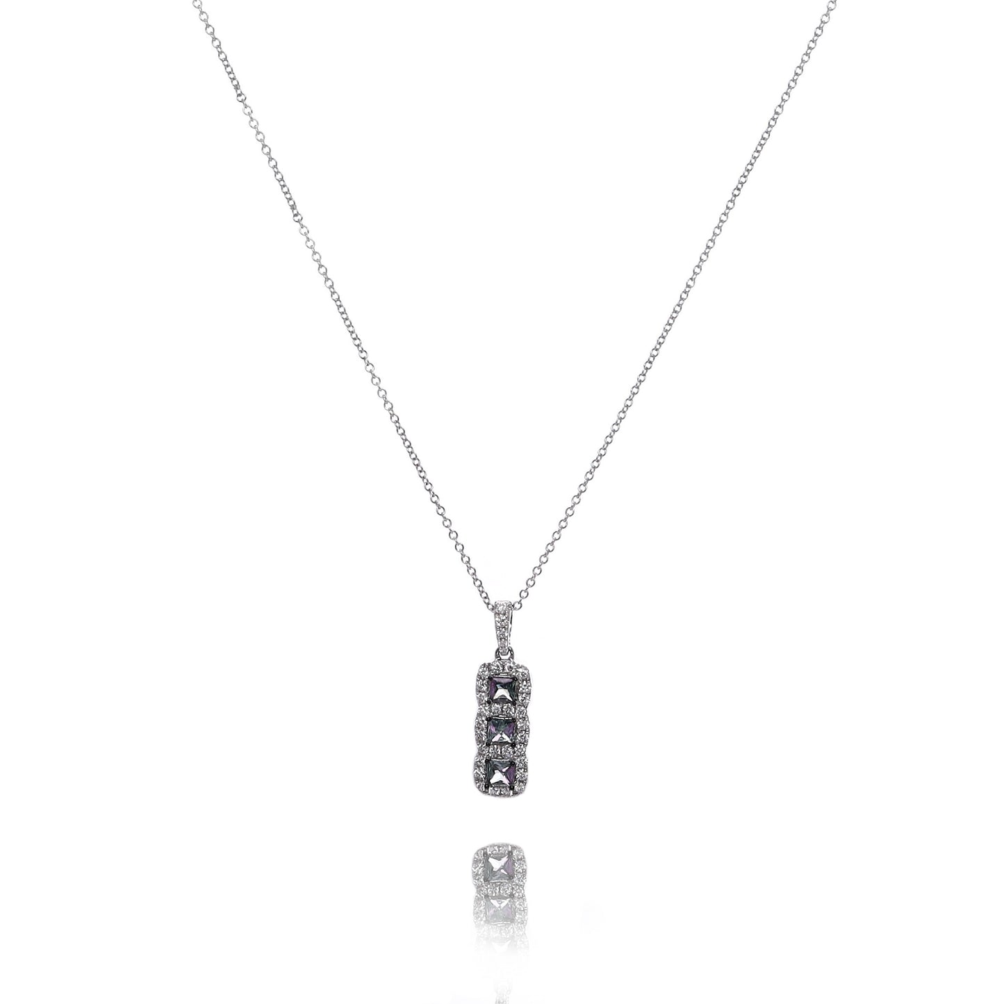14k White Gold Princess Cut Alexandrite and Round Diamond Halo Pendant Necklace