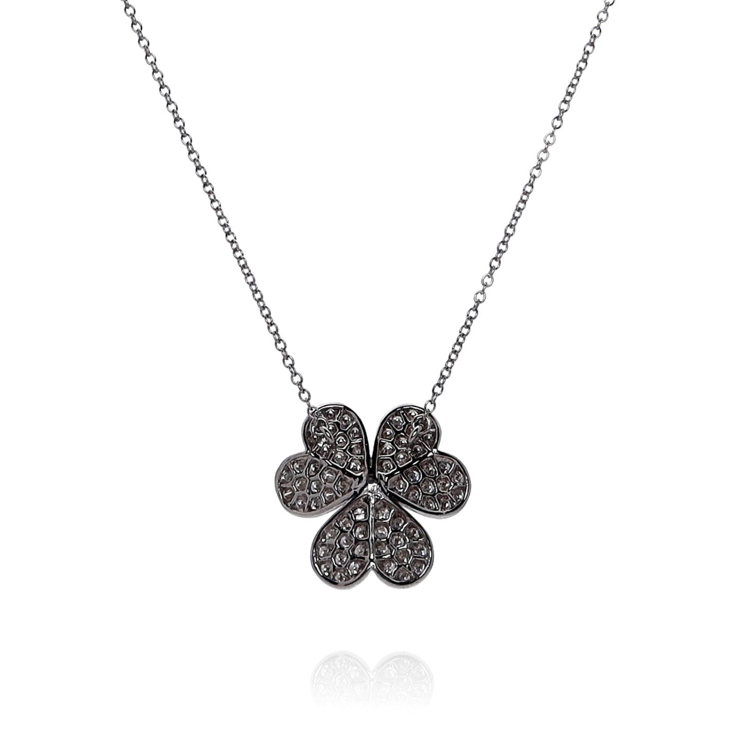 14k White Gold Floral Clover Design Diamond Pendant Necklace
