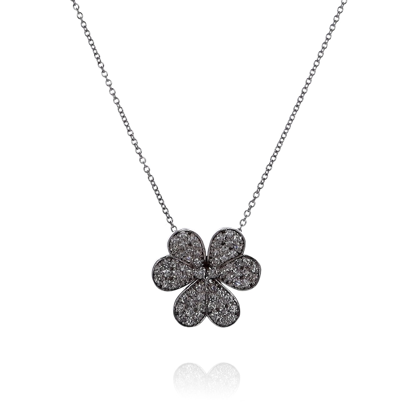 14k White Gold Floral Clover Design Diamond Pendant Necklace