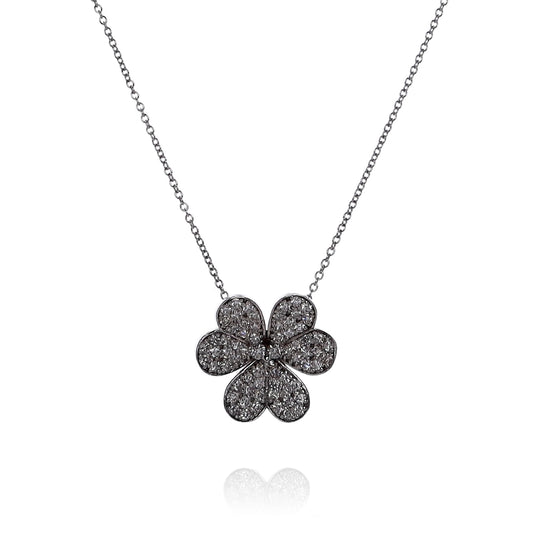 14k White Gold Floral Clover Design Diamond Pendant Necklace