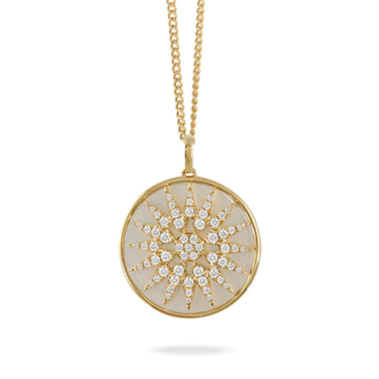 18k Gold Diamond Starburst Pendant Necklace with White Mother of Pearl