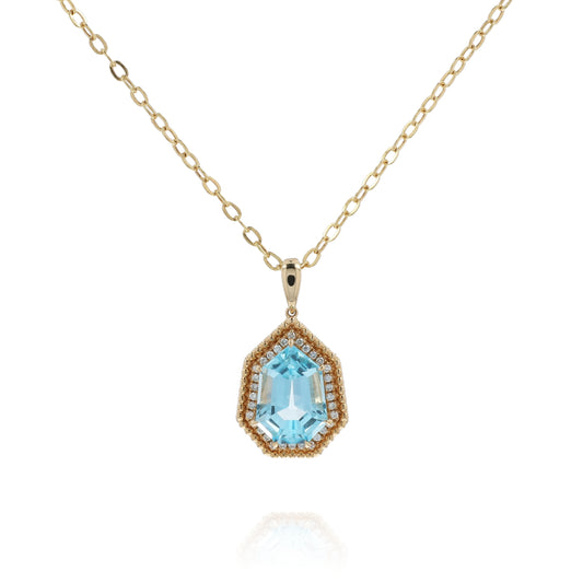 Doves 18k Gold Sky Blue Topaz and Diamond Halo Pendant Necklace