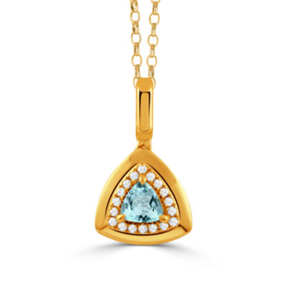 gold tone triangle pendant with blue stone center and clear stones around on a white background