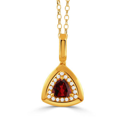 gold tone pendant with red tone stone and clear stones around in a frame with a chain on a white background