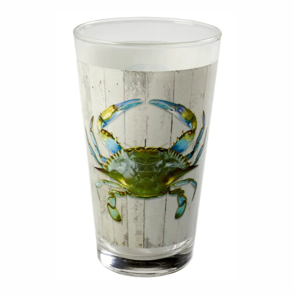 Clear glass with a blue crab design on a white background
