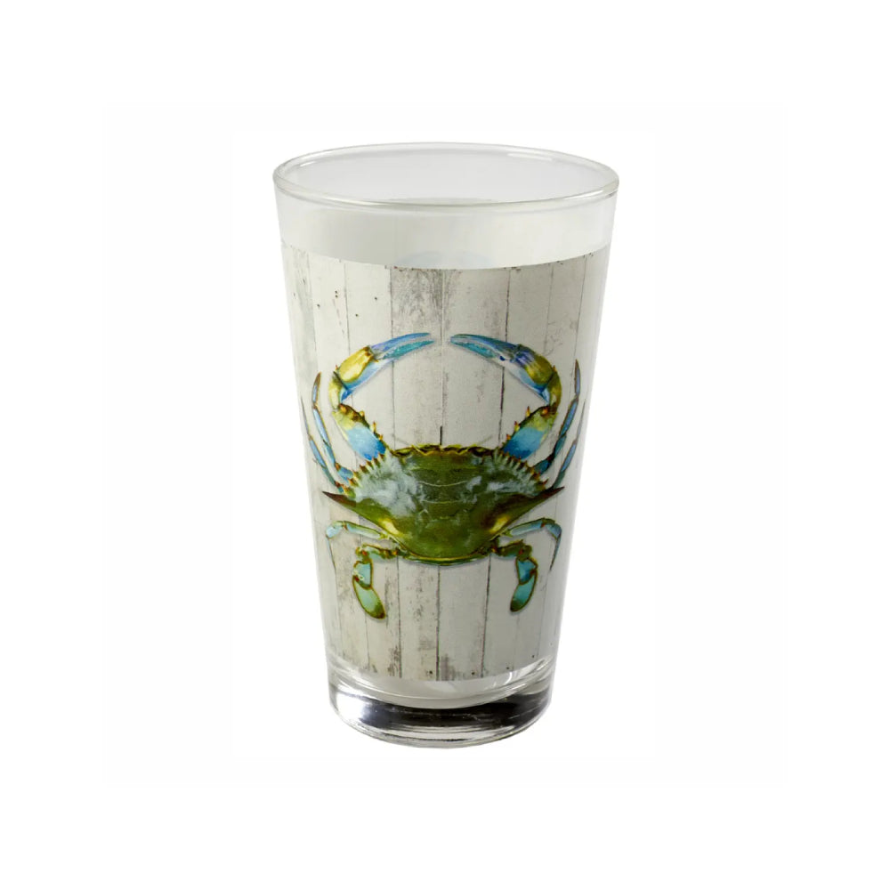 Clear glass with a blue crab design on a white background.
