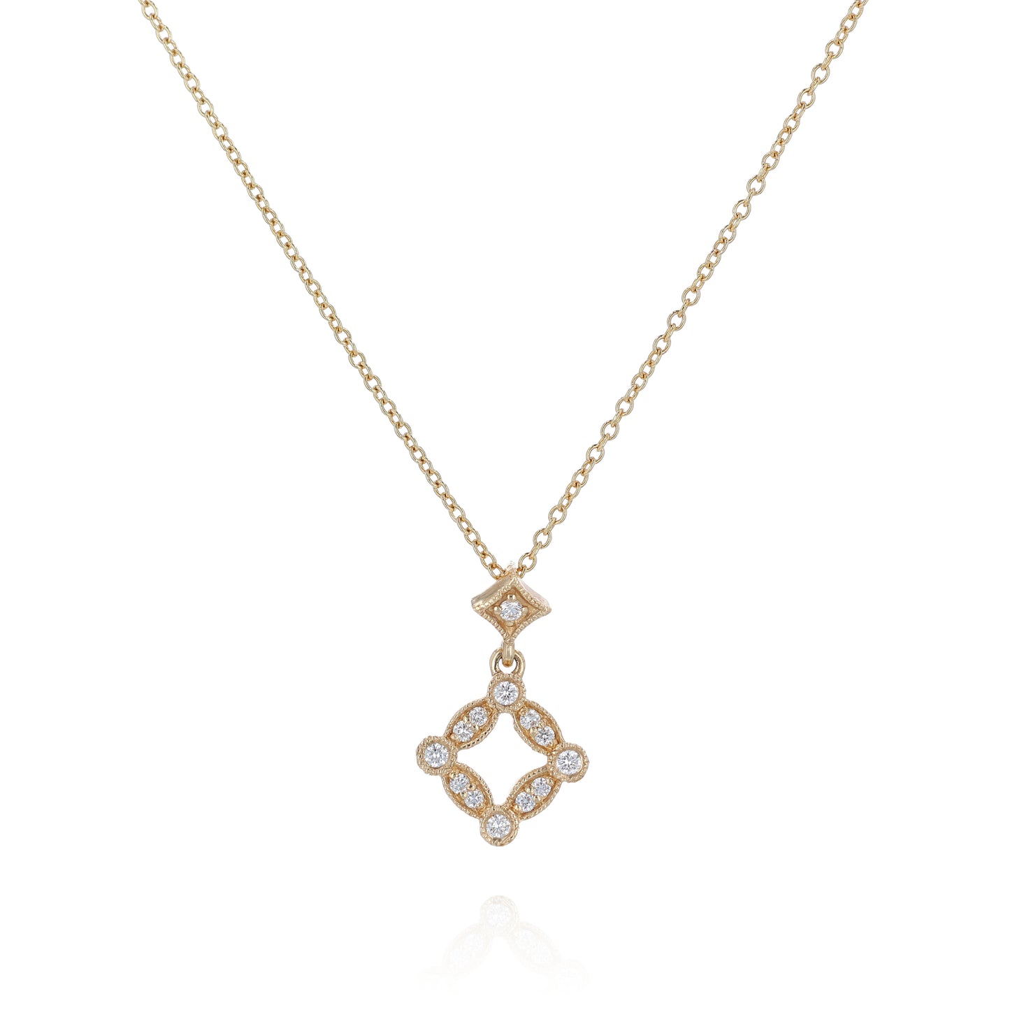 Yellow gold open diamond shape design diamond pendant necklace on a white background