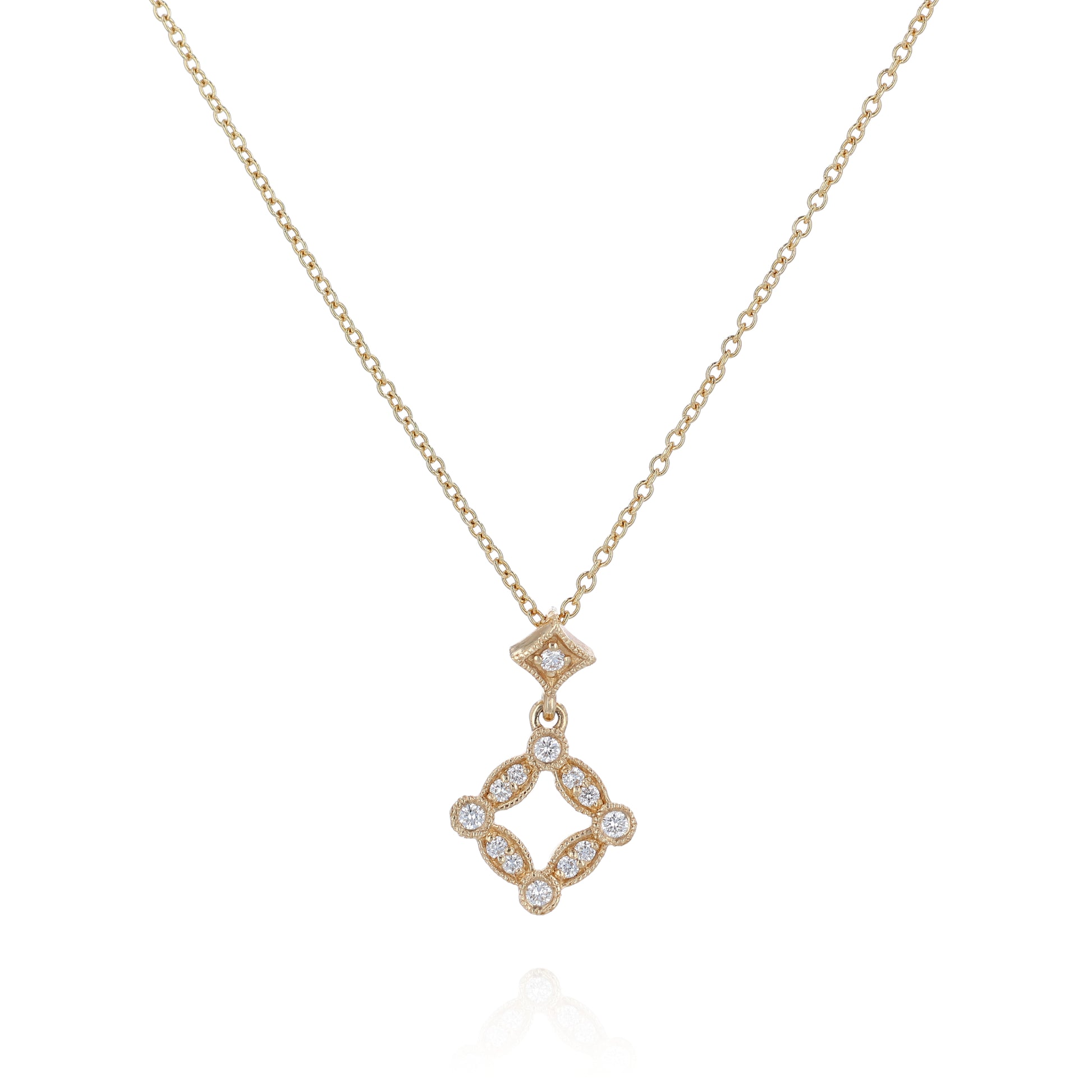 Yellow gold open diamond shape design diamond pendant necklace on a white background