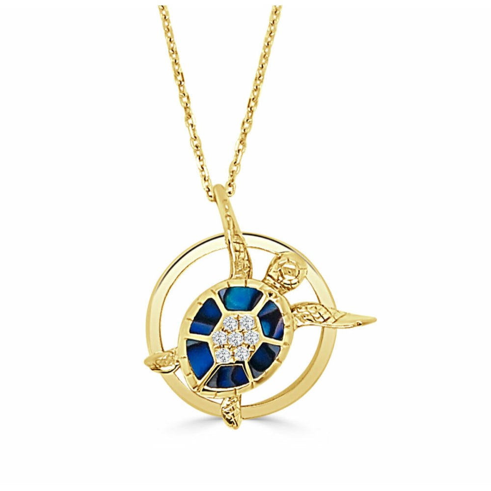 14k Gold Swimming Turtle Abalone Pendant Necklace