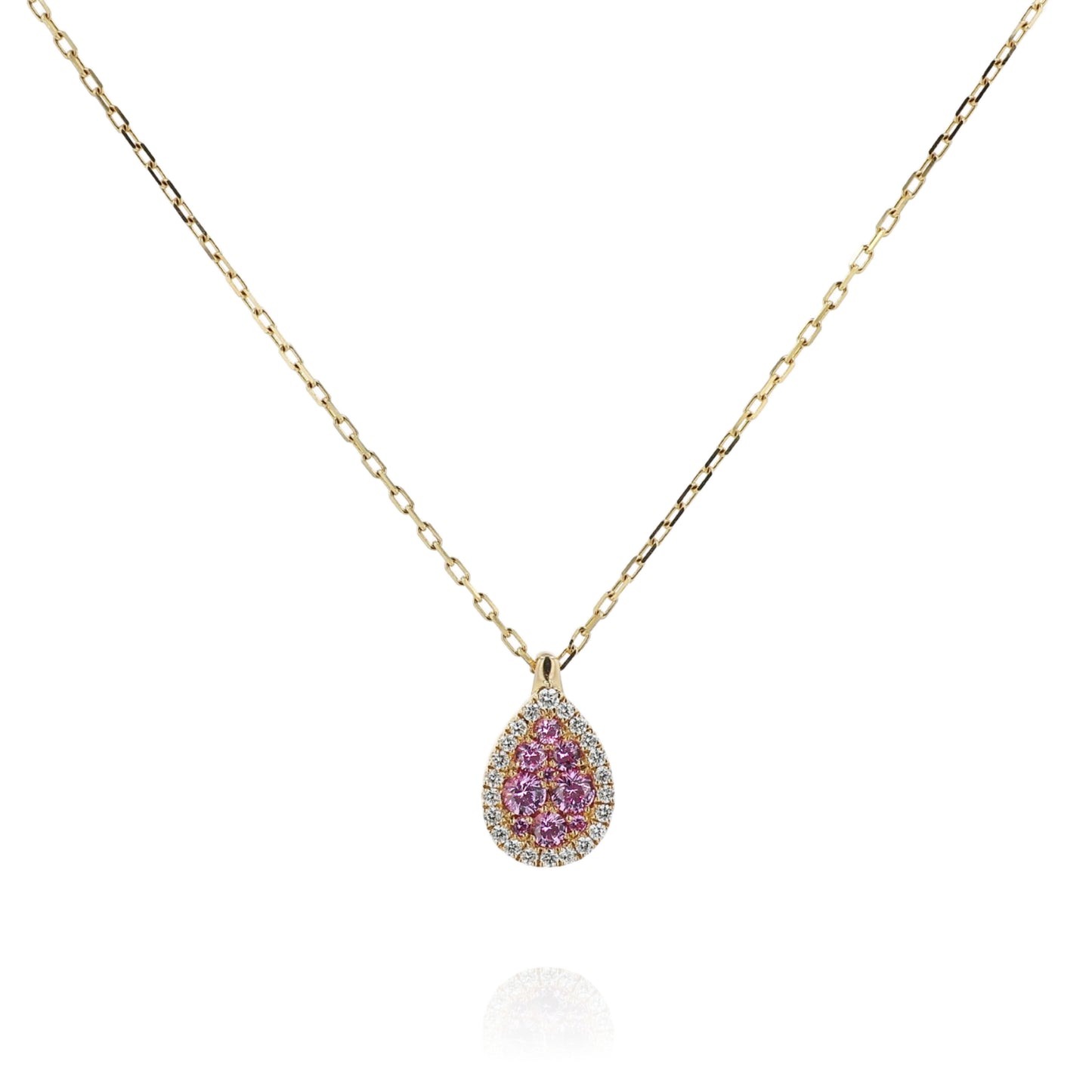14k Yellow Gold Teardrop Shape Pink Sapphire and Diamond Halo Pendant Necklace