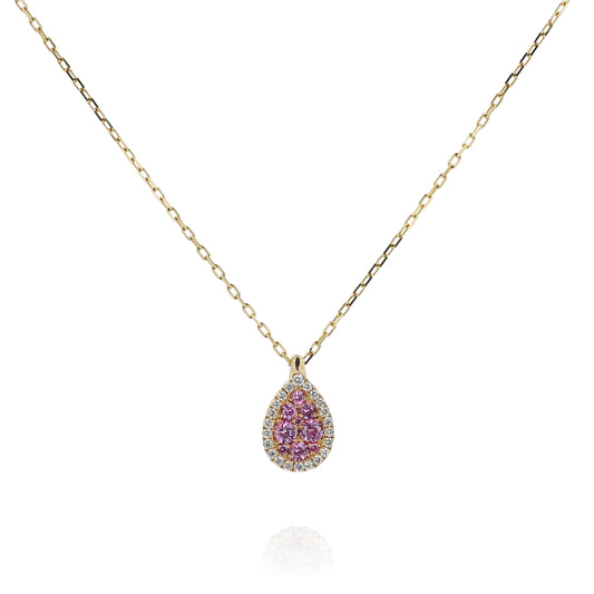 14k Yellow Gold Teardrop Shape Pink Sapphire and Diamond Halo Pendant Necklace