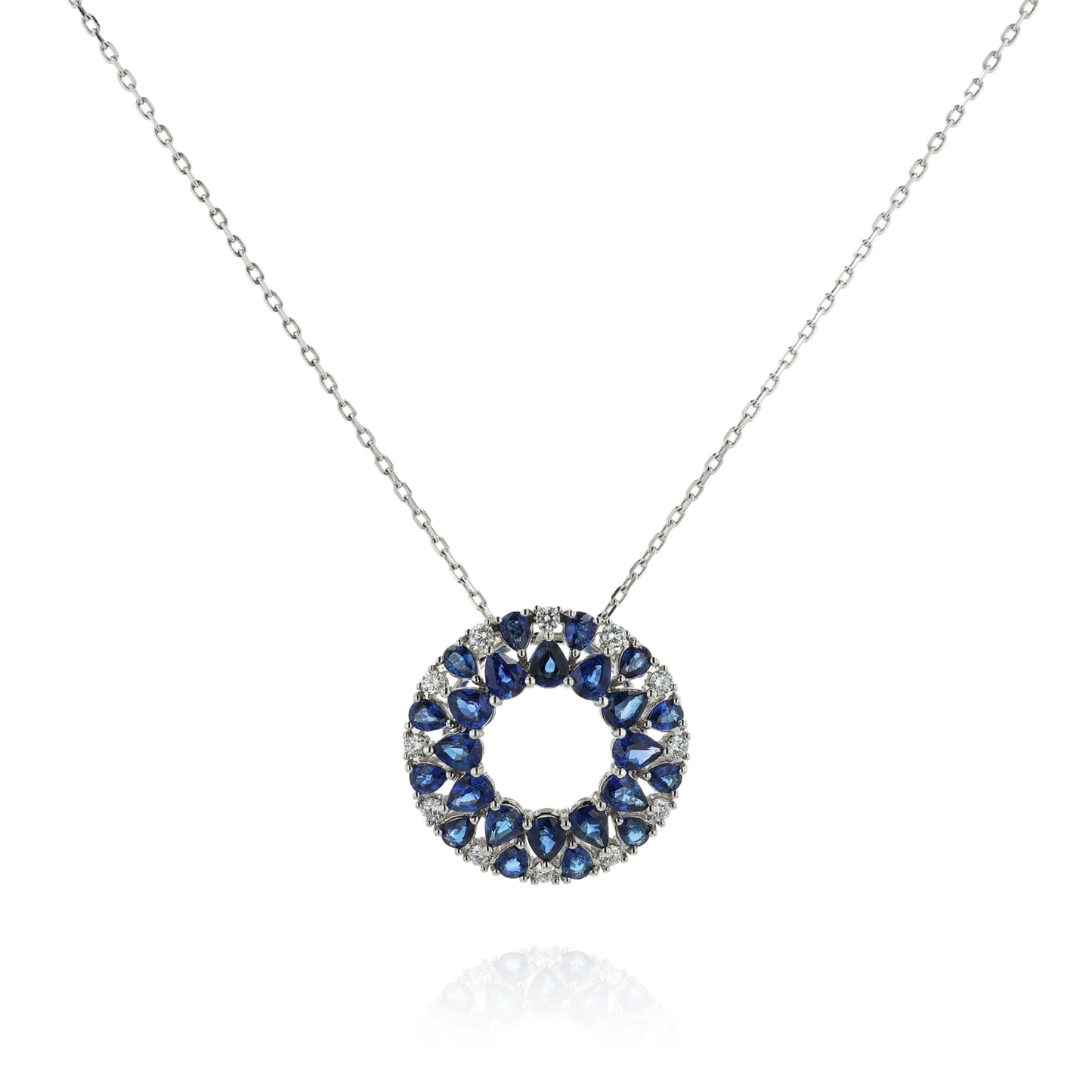 14k White Gold 18" Open Circle Sapphire and Diamond Pendant Necklace