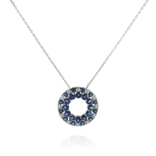 14k White Gold 18" Open Circle Sapphire and Diamond Pendant Necklace