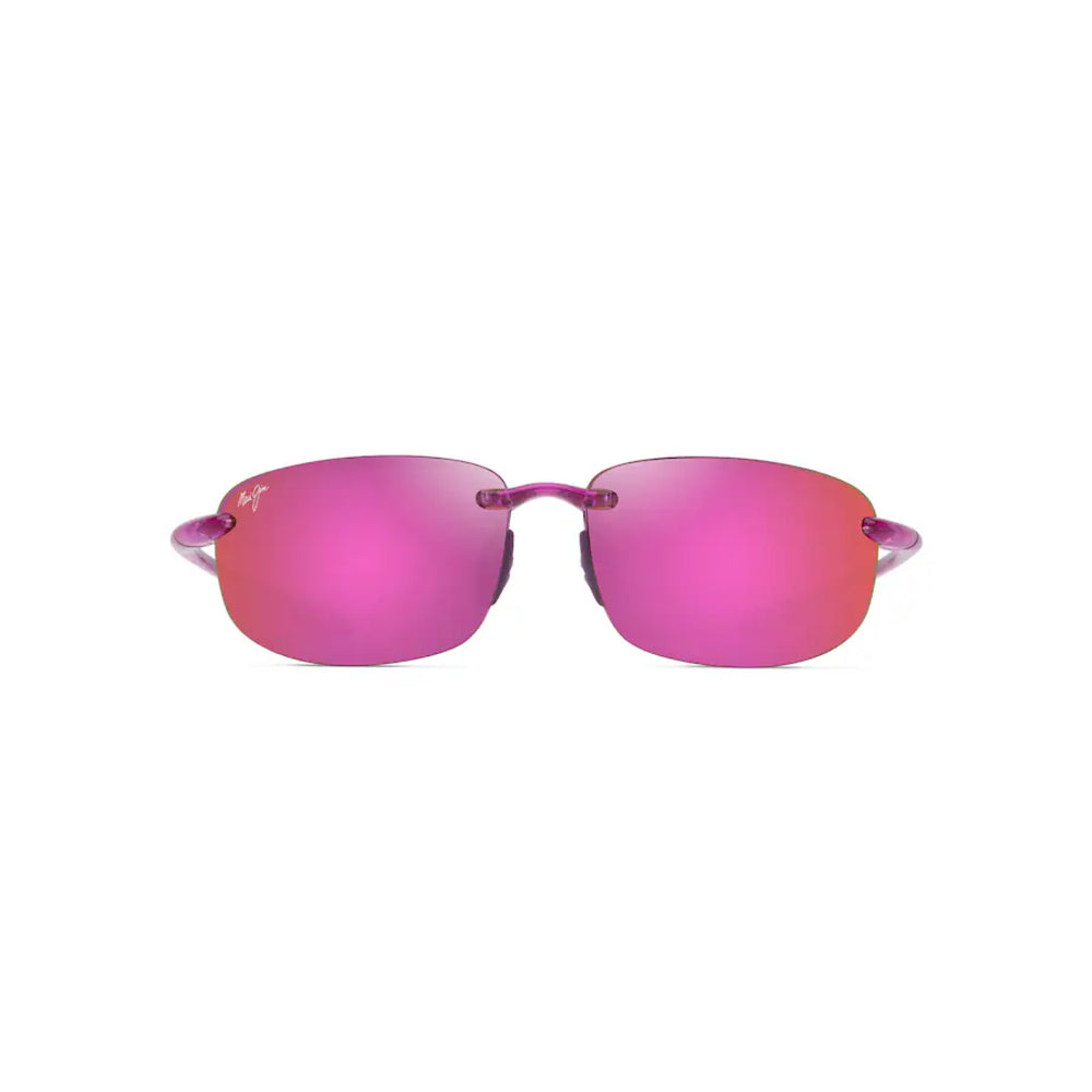 Rimless sunglasses with vibrant pink mirrored lenses and a matching pink metal frame, shown against a plain white background.