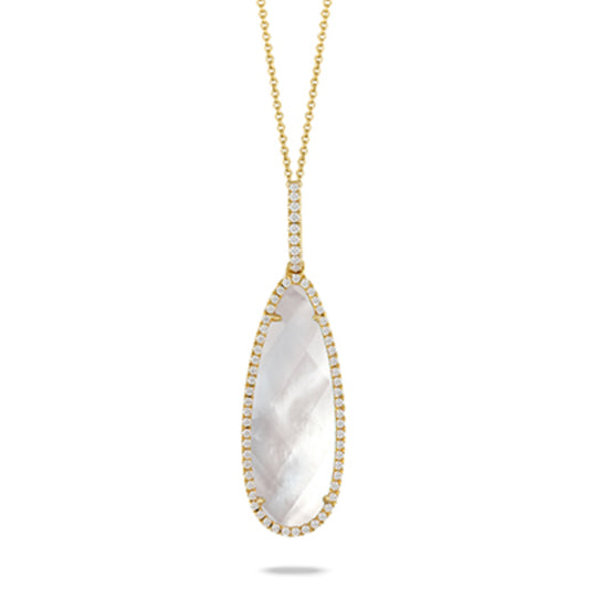 18k Gold Mother of Pearl Drop Pendant Necklace with Diamonds