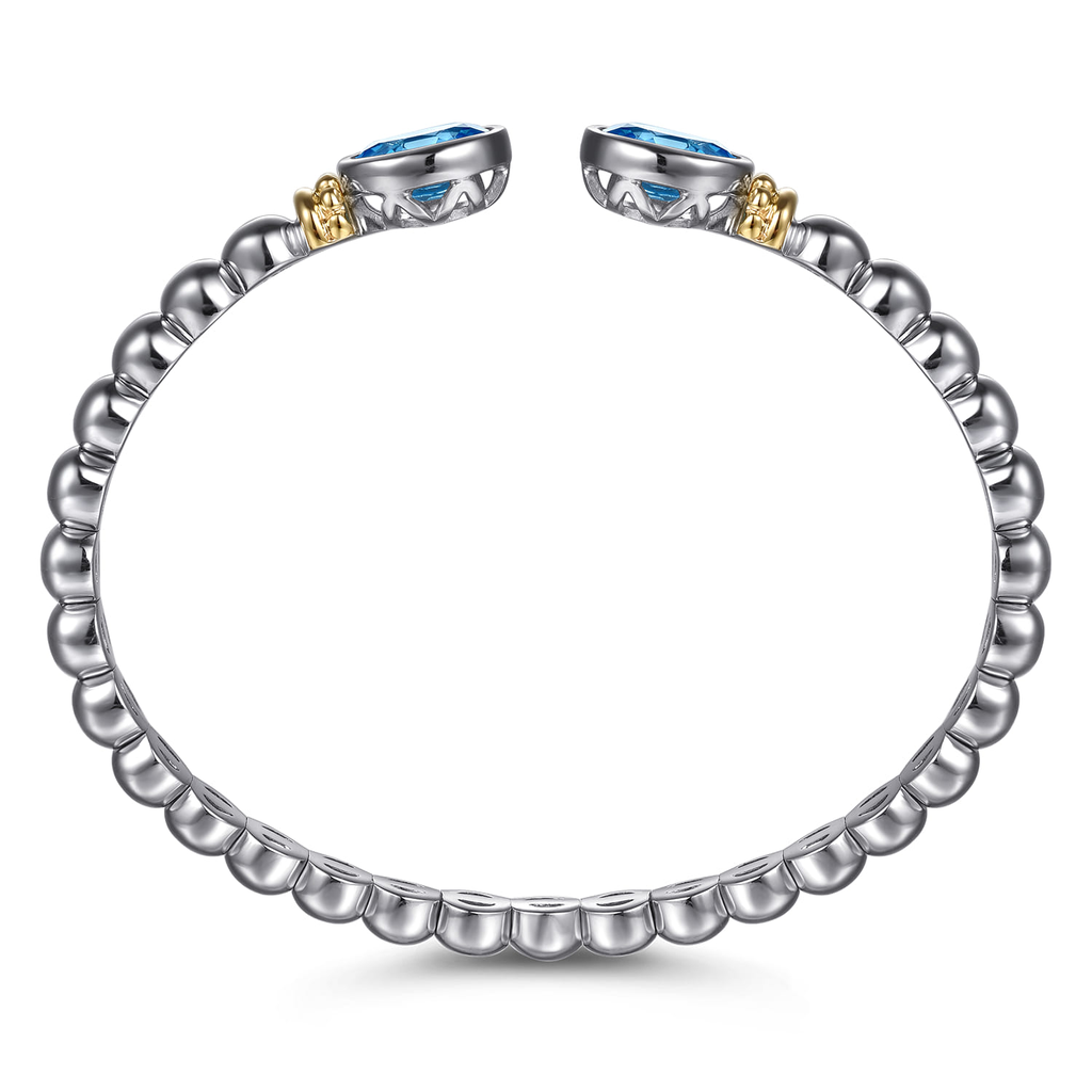 Silver ring with blue gemstones and gold accents on a white background