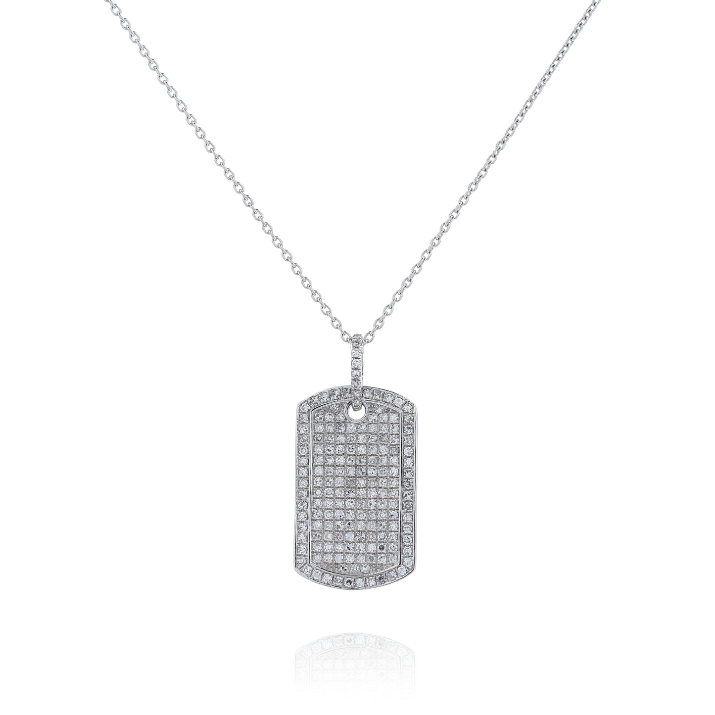 White gold pave diamond dog tag pendant necklace on a white background