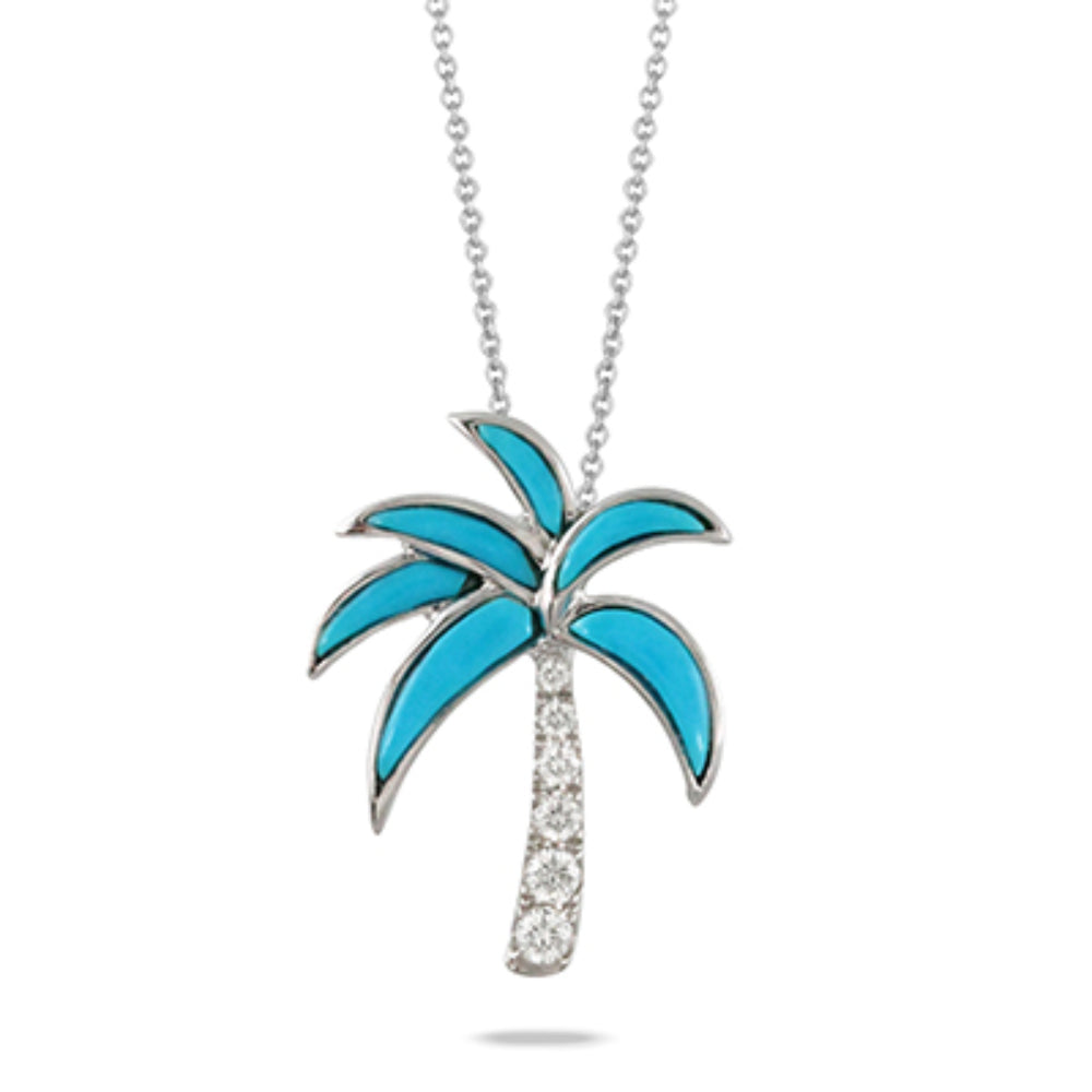 White gold palm tree with turquoise top and diamond bottom on a white background