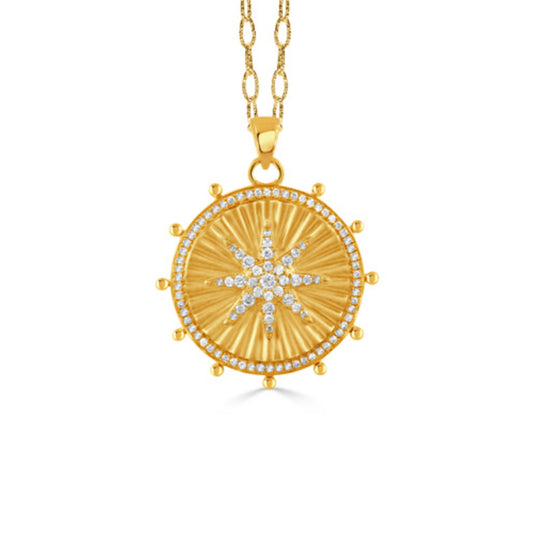 18k Celestia Diamond Round Disc Starburst Pendant
