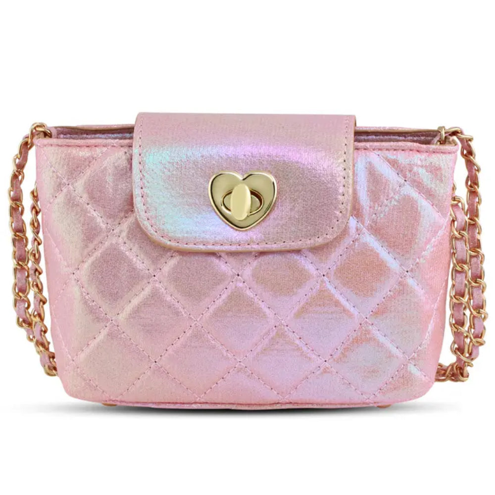 Pink quilted handbag with a heart-shaped clasp on a white background