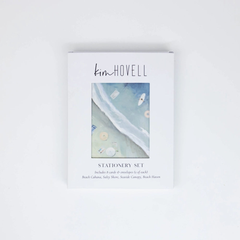 Stationery set packaging with 'kim Hovell' branding on a white background