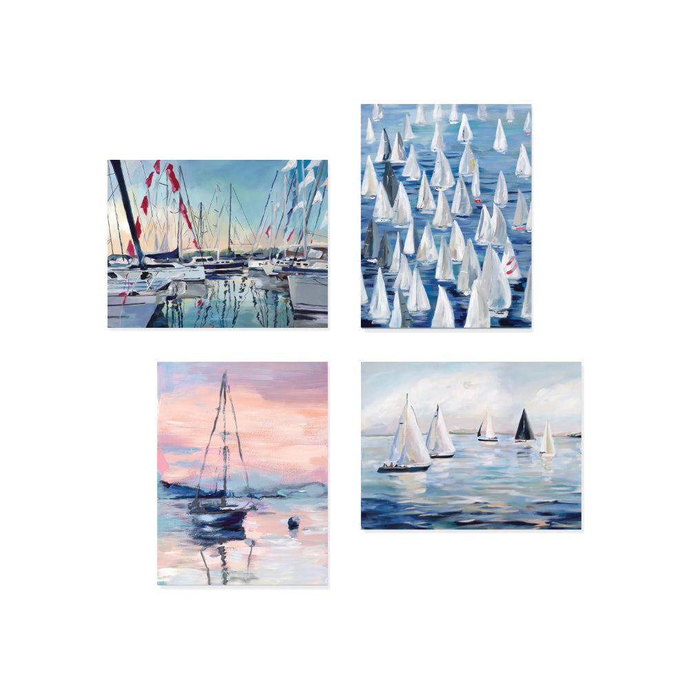 Set of four sailboat paintings on a white background