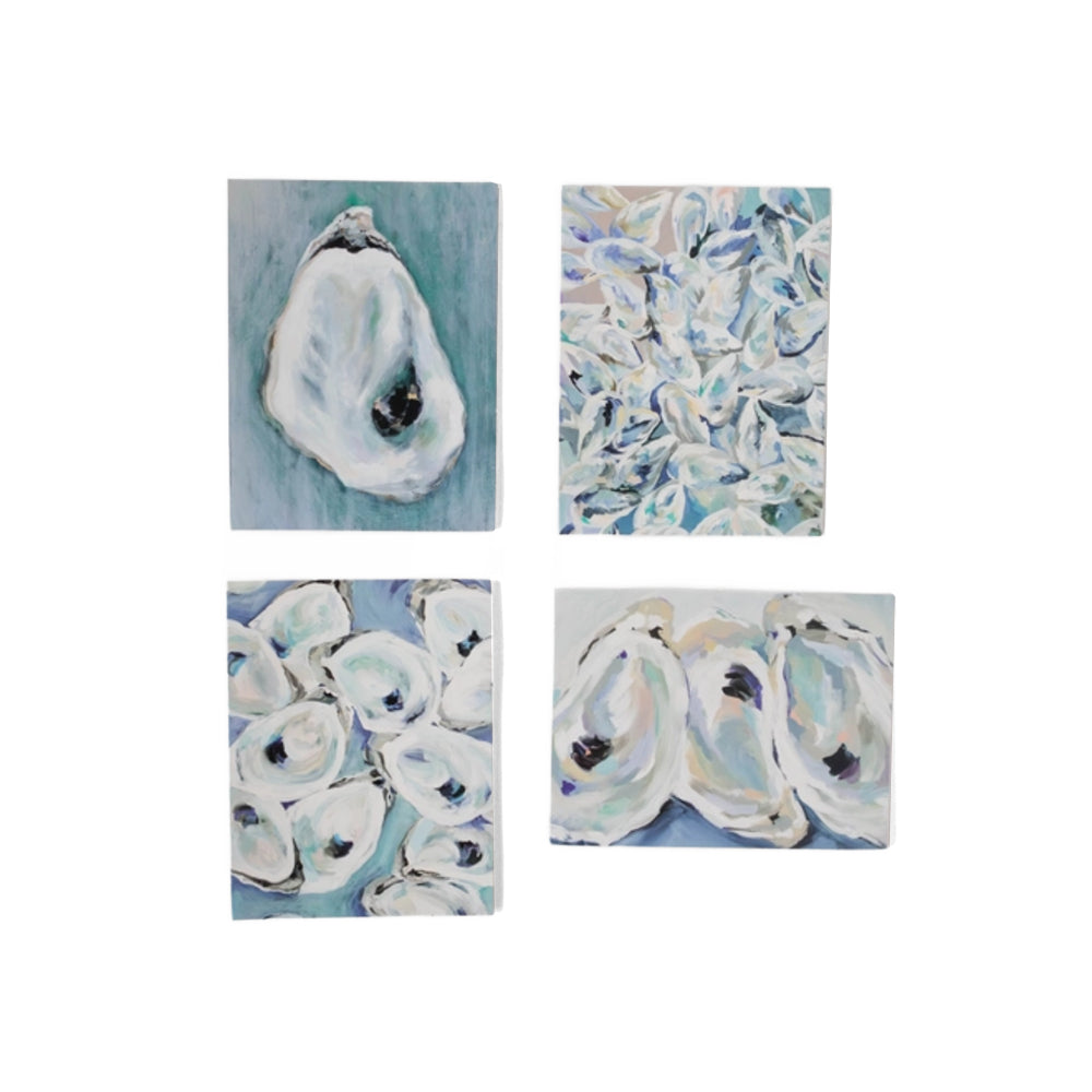 Four square artworks of oyster shells on a white background