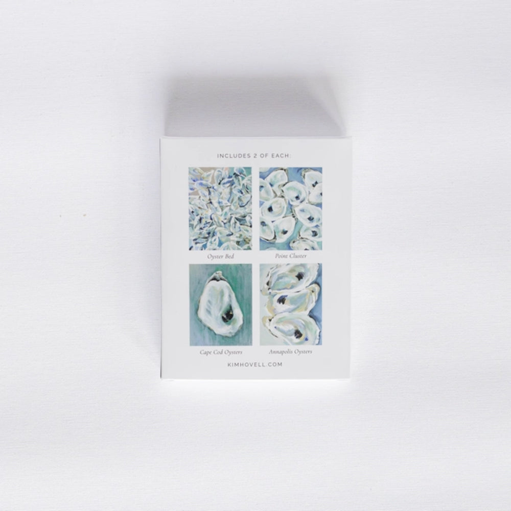 Packaging with four oyster illustrations on a white background
