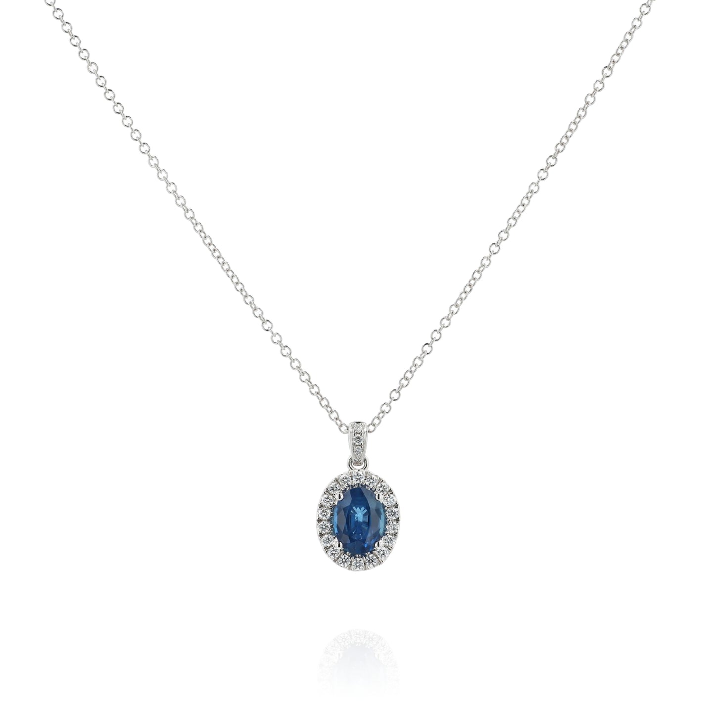 14k White Gold 1.42ct Sapphire and Diamond Halo Pendant Necklace