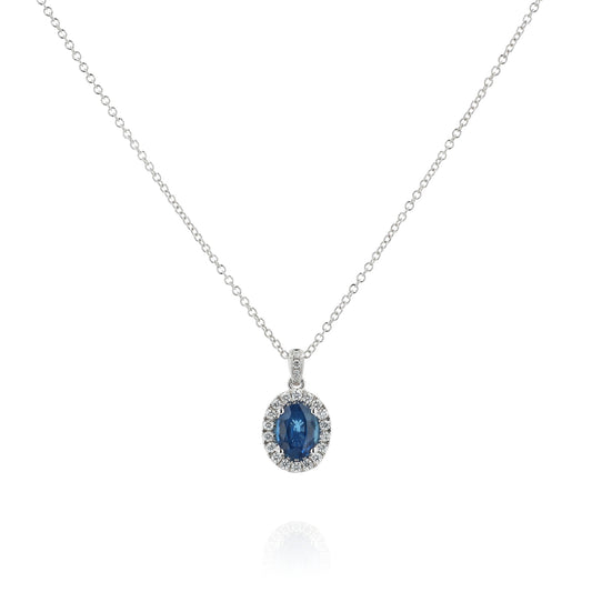 14k White Gold 1.42ct Sapphire and Diamond Halo Pendant Necklace